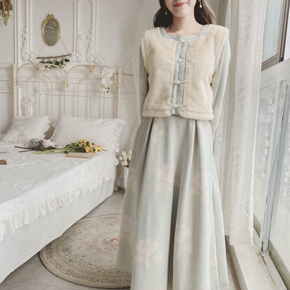 Mock Two-Piece Long-Sleeve Square Neck Fleece Panel Frog Button Top / High Waist Floral Midi A-Line Skirt / Set