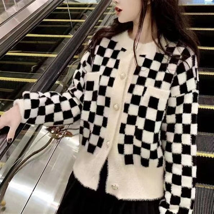 Checkerboard Cardigan Crew Neck