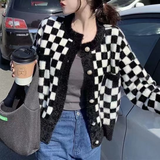 Checkerboard Cardigan Crew Neck