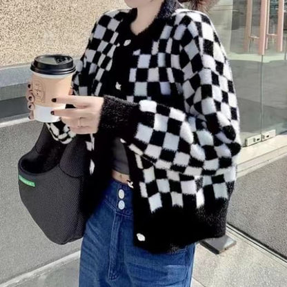Checkerboard Cardigan Crew Neck