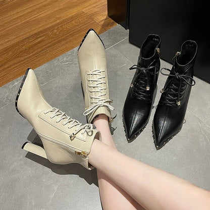 Pointed Heel High Boots Ankle Lace-Up