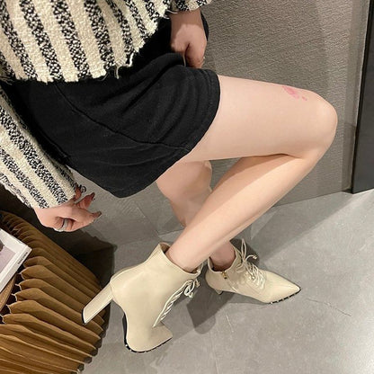 Pointed Heel High Boots Ankle Lace-Up