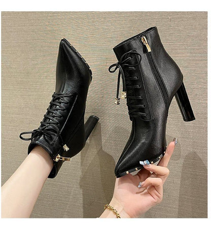 Pointed Heel High Boots Ankle Lace-Up