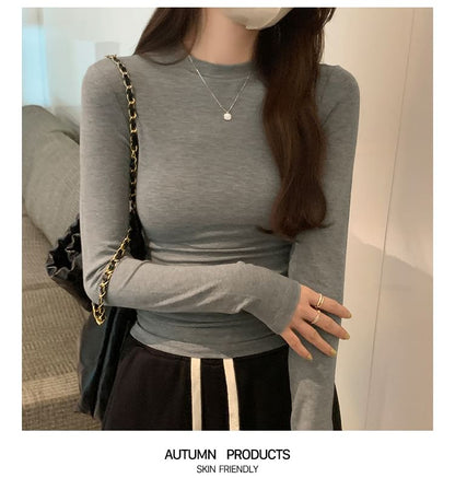 Long-Sleeve High Neck Plain Tee