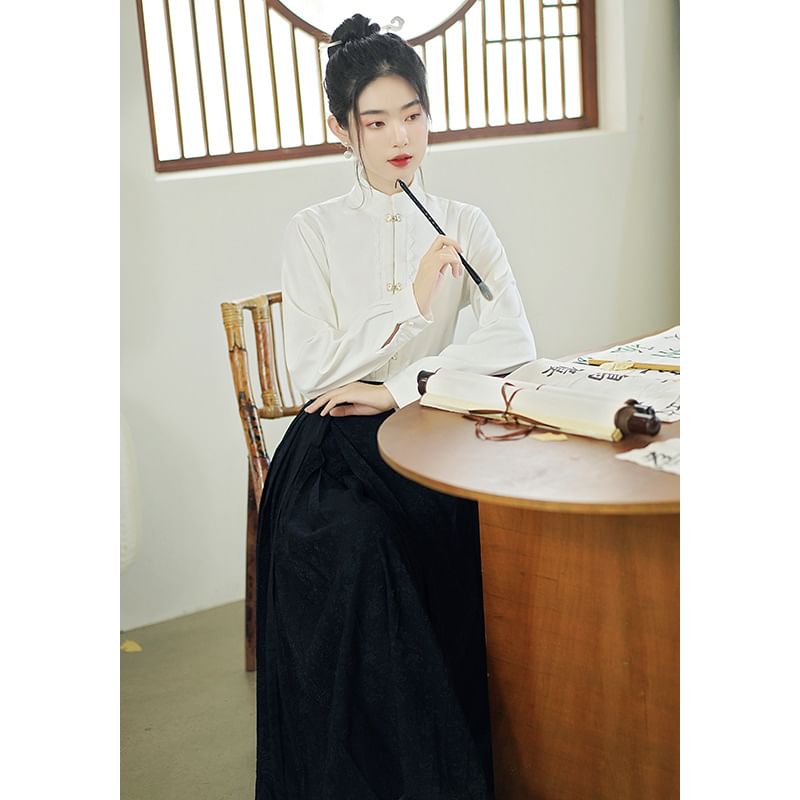 Band Collar Hanfu Top / Mid Rise Midi A-Line Skirt