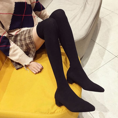 Pointy Toe Chunky Heel Over-the-Knee Sock Boots