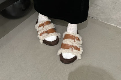 Buckled Fleece-Lined Platform Slide Sandals