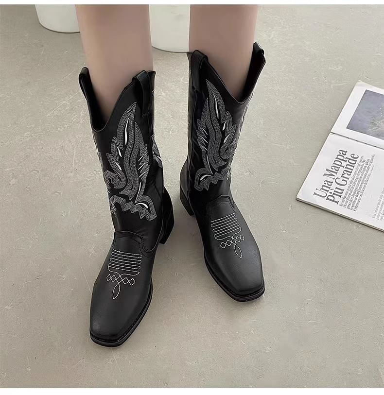 Embroidered Trim Chunky Heel Wide-Calf Mid Calf Boots