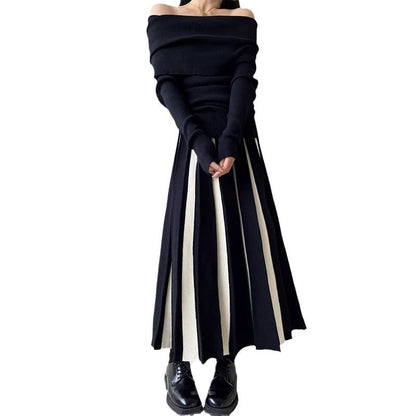 High Rise Two Tone Pleated Knit Midi A-Line Skirt