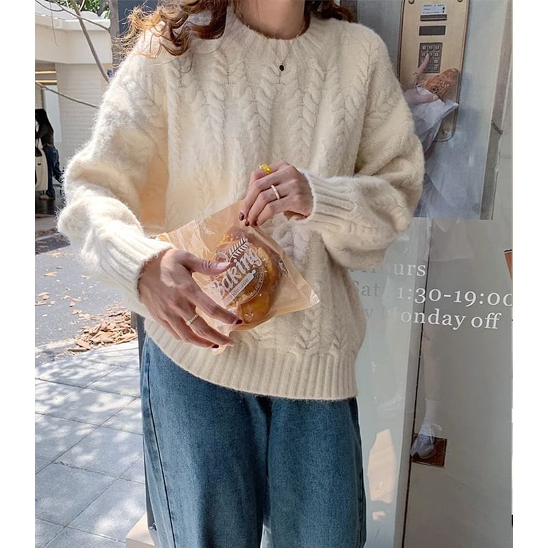 Crew Neck Plain Cable Knit Sweater