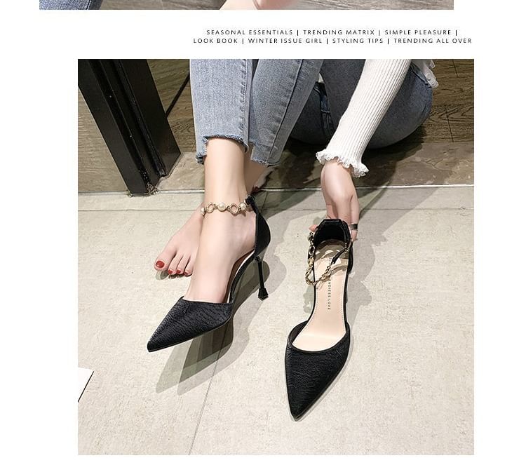 Pointed Pearl Pumps Strap Toe Faux D'Orsay Ankle