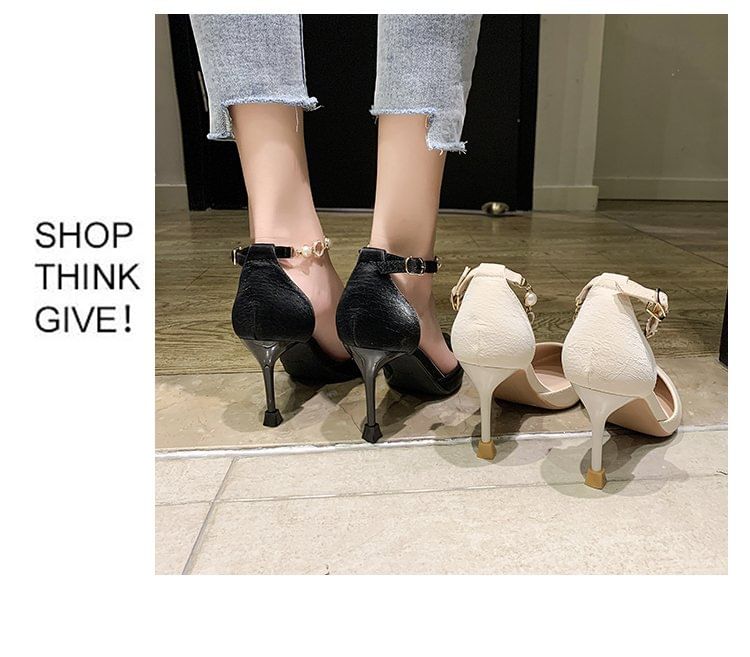 Pointed Pearl Pumps Strap Toe Faux D'Orsay Ankle
