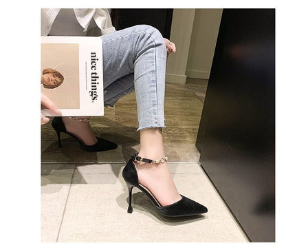 Pointed Pearl Pumps Strap Toe Faux D'Orsay Ankle