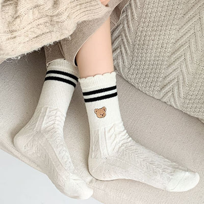 Bear Embroidered Striped Socks