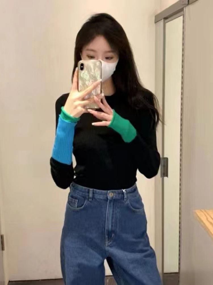 Knit Top Tone Two Crew Neck Long-Sleeve