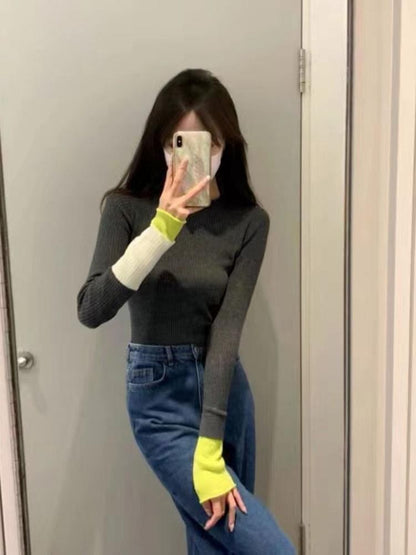 Knit Top Tone Two Crew Neck Long-Sleeve