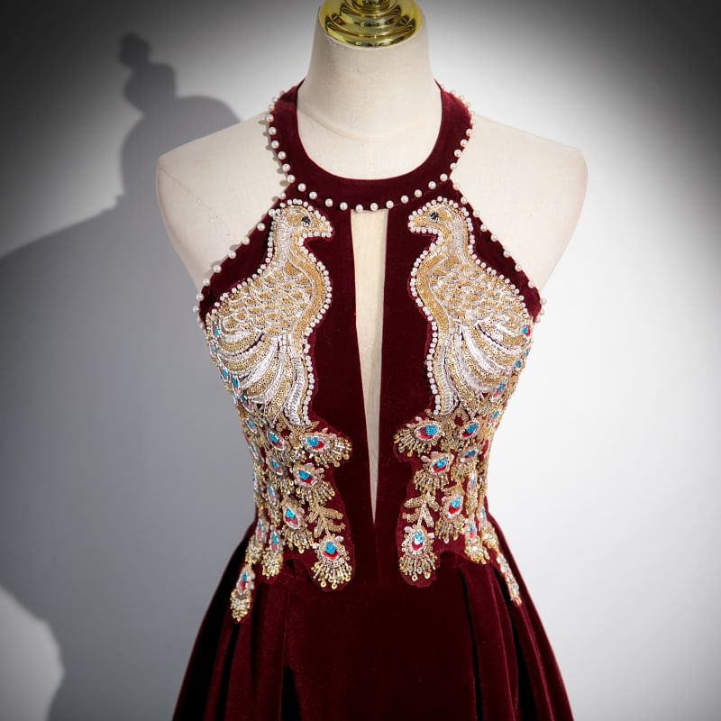 Robe de soirée trapèze en velours à col licou