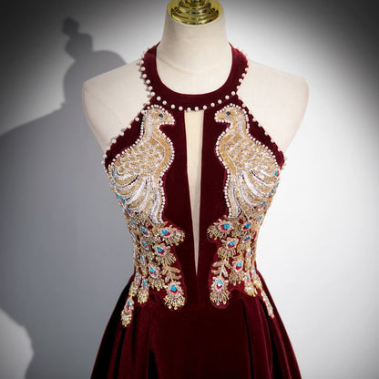 Robe de soirée trapèze en velours à col licou