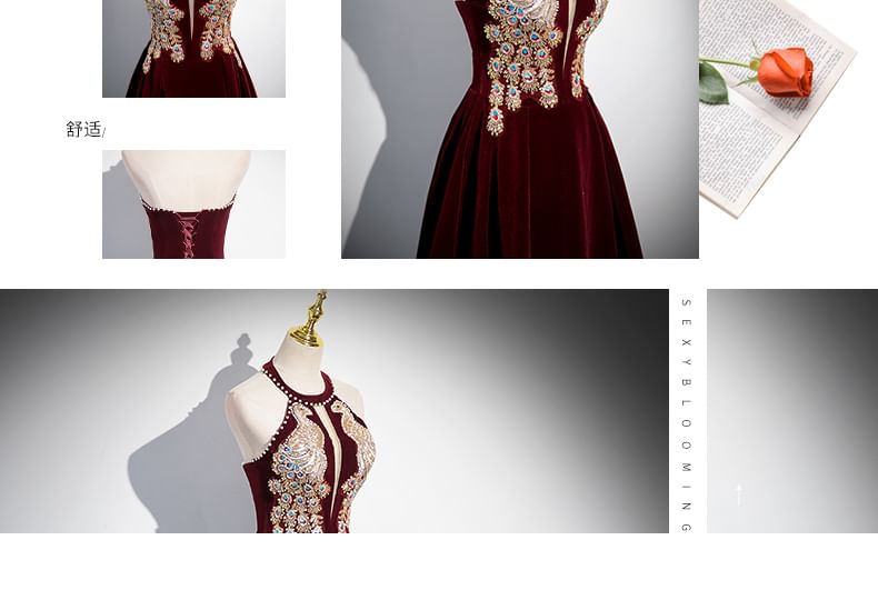 Robe de soirée trapèze en velours à col licou