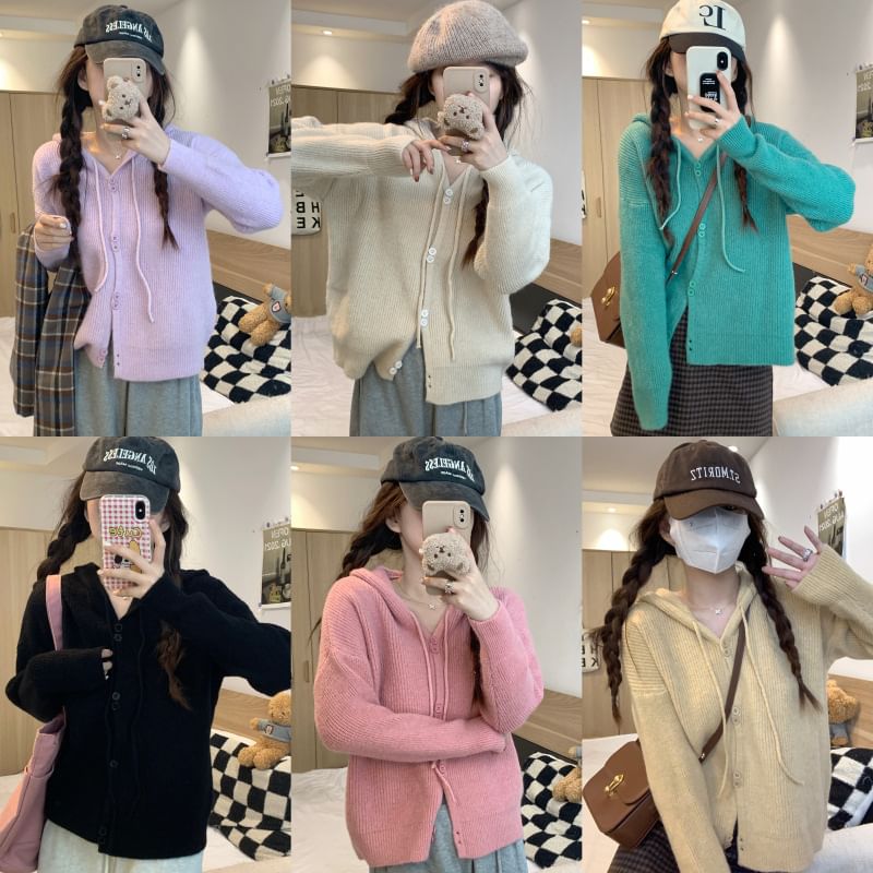 Button-Up Cardigan Hooded Plain