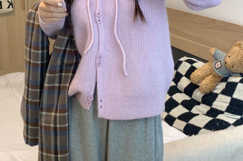 Button-Up Cardigan Hooded Plain