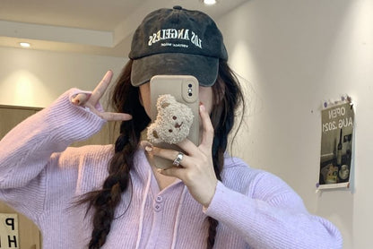 Button-Up Cardigan Hooded Plain