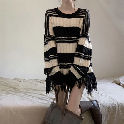 Frayed Striped Loose-Fit Sweater