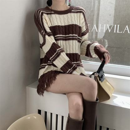 Frayed Striped Loose-Fit Sweater