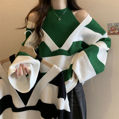 Two-Piece Sweater Striped Mock Long-Sleeve