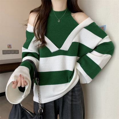 Two-Piece Sweater Striped Mock Long-Sleeve