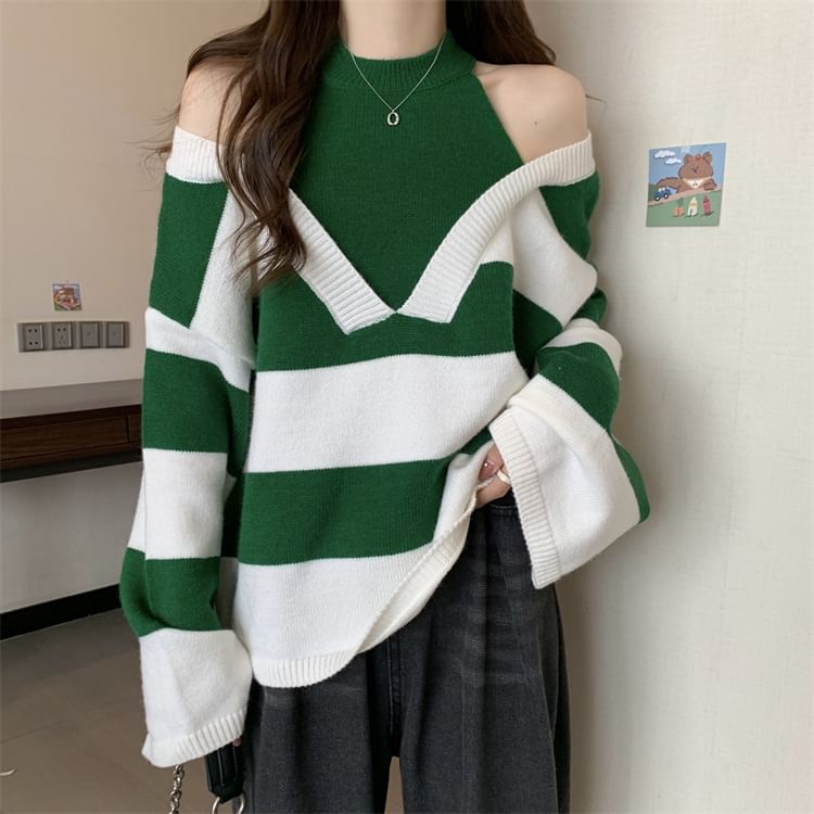 Two-Piece Sweater Striped Mock Long-Sleeve