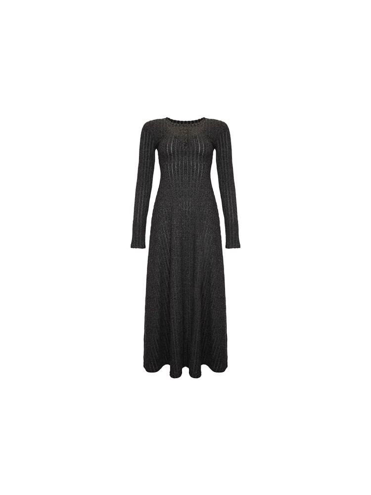 Long-Sleeve Henley Ribbed Midi A-Line Knit Dress