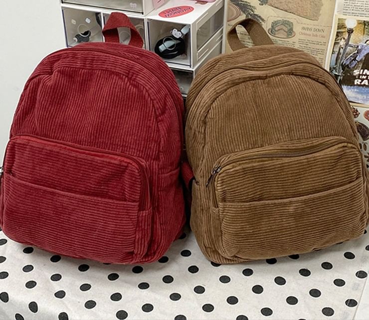 Corduroy Zipper Pocketed Light Backpack