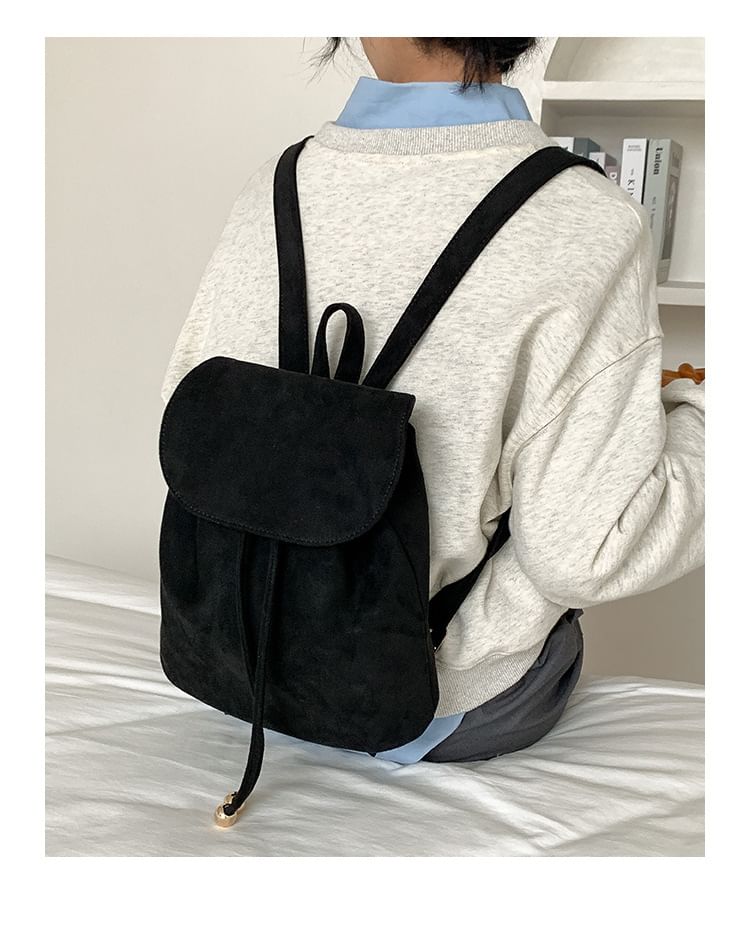 Faux Suede Drawstring Flap Backpack