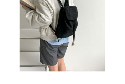 Faux Suede Drawstring Flap Backpack