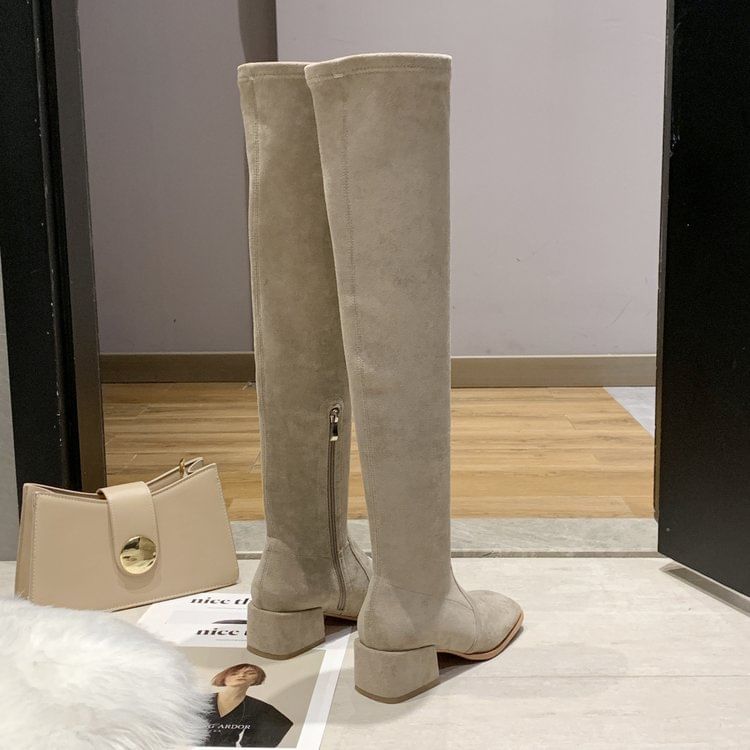 Square-Toe Chunky Heel Over-the-Knee Boots