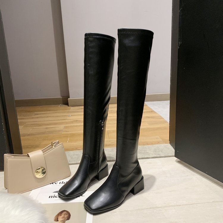 Square-Toe Chunky Heel Over-the-Knee Boots