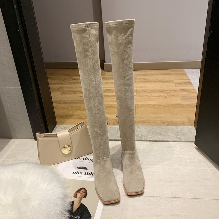 Square-Toe Chunky Heel Over-the-Knee Boots