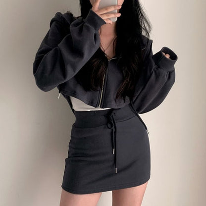 Set: Plain Zip Hoodie + Drawstring Waist Mini Pencil Skirt