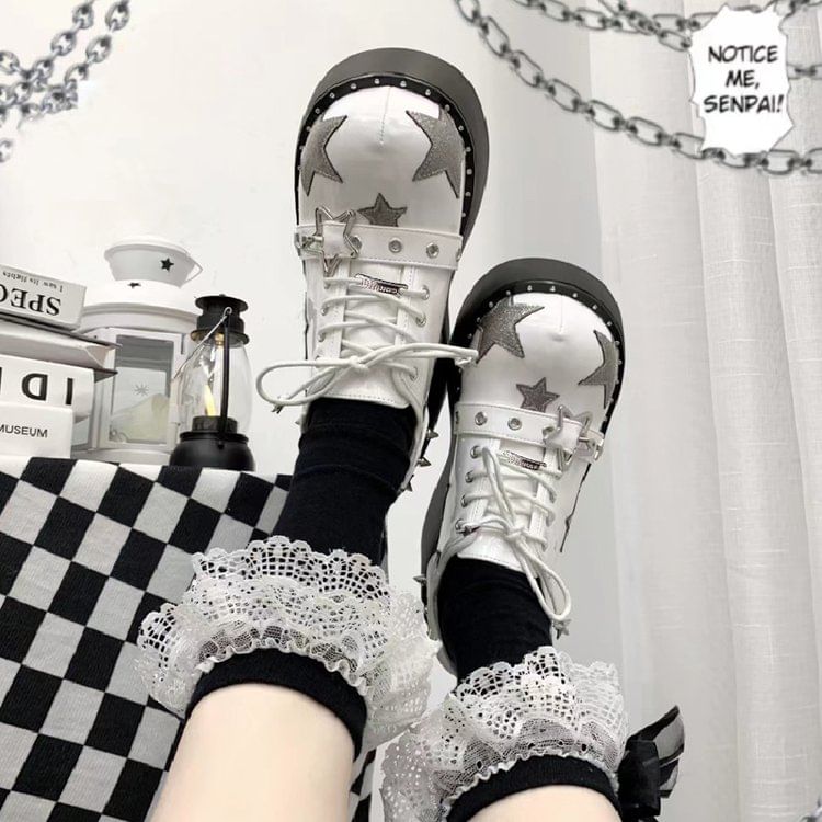 Platform Star Applique Buckled Lace Up Shoes