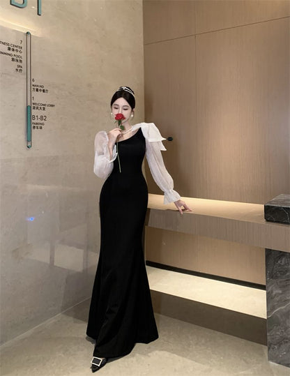 Long-Sleeve V-Neck  Two Tone Mermaid Evening Gown