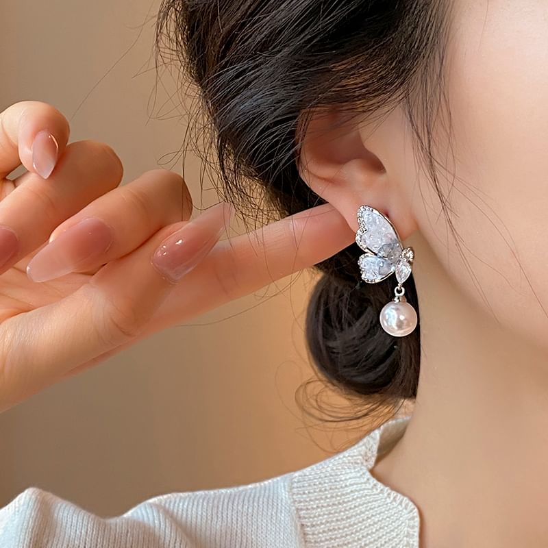 Crystal Faux Pearl Drop Alloy Earring Butterfly