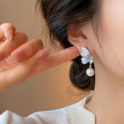 Crystal Faux Pearl Drop Alloy Earring Butterfly