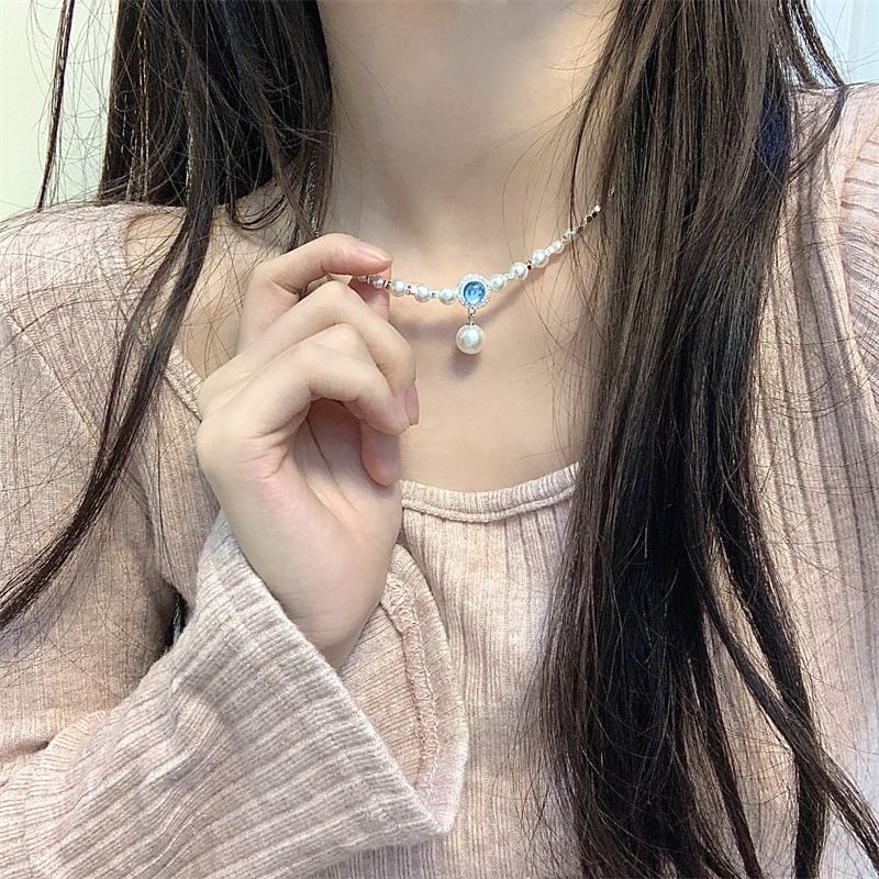 Rhinestone Faux Choker Pearl Alloy Pendant