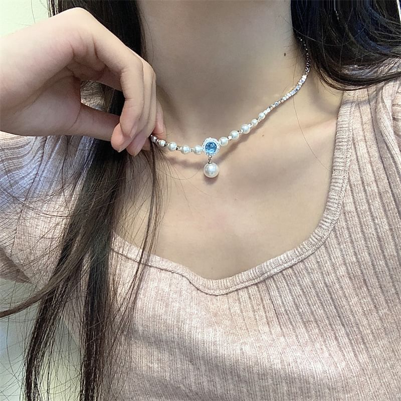 Rhinestone Faux Choker Pearl Alloy Pendant