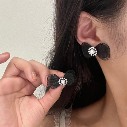 Faux Alloy Stud Pearl Earring Bow