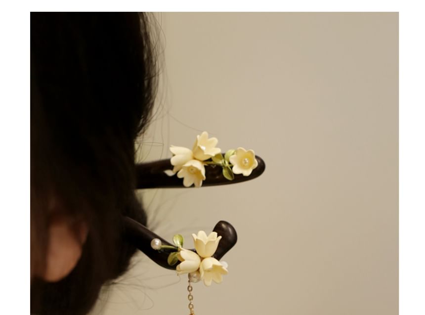 Floral Acetate Faux Pearl Wooden Hair Stick (Various Designs)