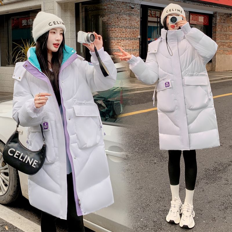 Hooded Color Block Long Puffer Coat