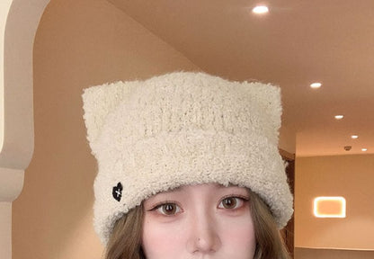 Heart Embroidered Cat Ear Knit Beanie