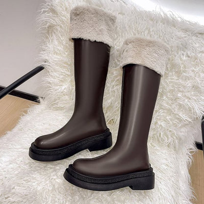 Fluffy Trim Platform Chunky Heel Tall Boots